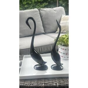 2 VTG MCM Black Ceramic Glass Figures Crane Egret Swan Arnels Style Birds Heron